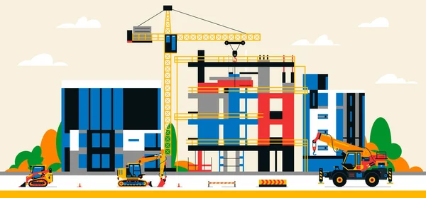 Construção na cidade entre edifícios da cidade. Construção em construção e equipamentos de serviço. Máquinas pesadas, veículos comerciais, guindaste, casas, edifícios. Ilustração vetorial — Vetor de Stock