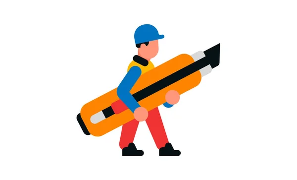 Constructor masculino caminando con un cortador. Herramienta de trabajo y papelería. Ilustración vectorial aislada sobre fondo blanco. — Archivo Imágenes Vectoriales