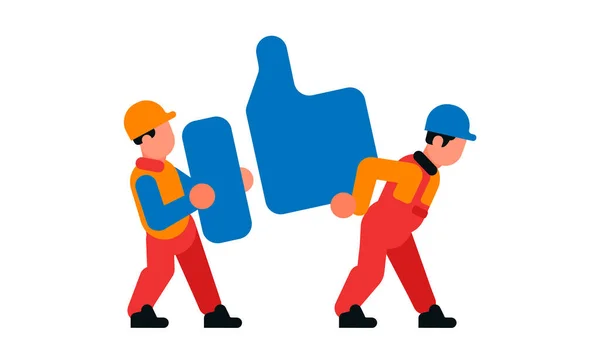 A los portadores les gusta. Constructores y pulgares arriba. Uniformes especiales, cascos, símbolo, signo. Ilustración vectorial sobre fondo blanco. — Vector de stock