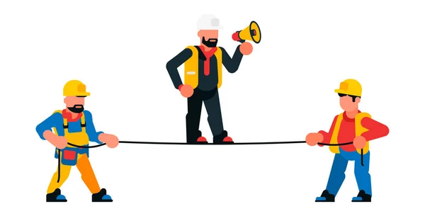 Bouwvakkers en voorman met luidspreker. Werken met een touw, bouw werk manager. Vector illustratie op witte achtergrond. — Stockvector