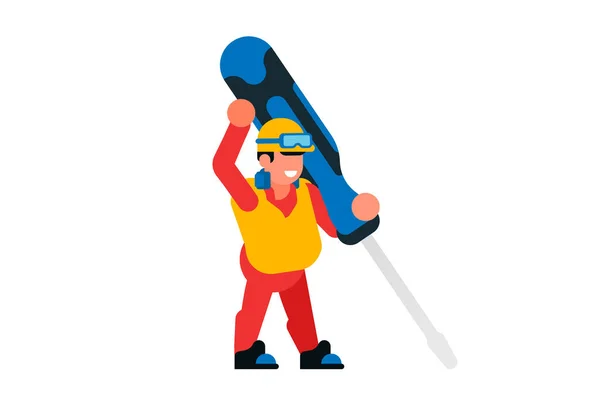 Trabajador sosteniendo un destornillador grande. Un hombre constructor con una herramienta. Ilustración vectorial aislada sobre fondo blanco. — Vector de stock