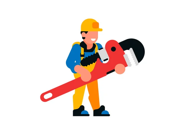 Werknemer met een grote gassleutel. Man bouwer en gas moersleutel, glimlach, gelukkig, gereedschap, reparatie, loodgieter. Vector illustratie geïsoleerd op witte achtergrond. — Stockvector