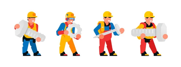 Un grupo de trabajadores sosteniendo una herramienta. Los constructores sostienen grandes pernos, clavos, engranajes. Ilustración vectorial aislada sobre fondo blanco. — Vector de stock