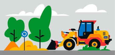 İnşaat makineleri şantiyede çalışıyor. İnşaat makineleri, traktör, kazıcı, arka planda ağaçlardan oluşan bir arazide yükleyici, kum. Arkaplanda vektör illüstrasyonu.