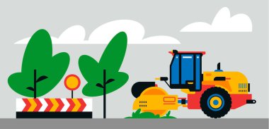 İnşaat makineleri şantiyede çalışıyor. İnşaat makineleri, arka planda asfalt kaldırım, ağaçlar, kum, yol işareti. Vektör illüstrasyonu arkaplanda izole edildi.