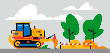 İnşaat makineleri şantiyede çalışıyor. İnşaat makineleri, arka planda bir ağaç manzarasında buldozer, kum. Vektör illüstrasyonu arkaplanda izole edildi.