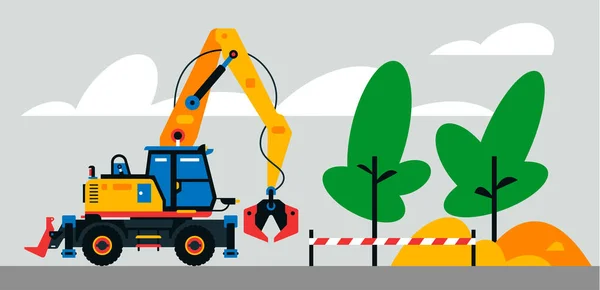 Bouwmachines op de bouwplaats. Bouwmachines, graafmachine op de achtergrond van een landschap van bomen, zand. Vector illustratie op achtergrond. — Stockvector