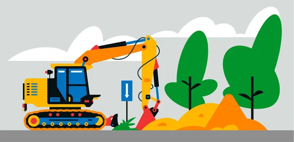 Lavori di macchine edili presso il sito. Macchine edili, escavatore sullo sfondo di un paesaggio di alberi, sabbia. Illustrazione vettoriale sullo sfondo. — Vettoriale Stock