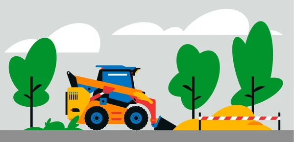 Construction machinery works at the site. Construction machinery, compact excavator, loader on the background of a landscape of trees, sand. Vector illustration on background.