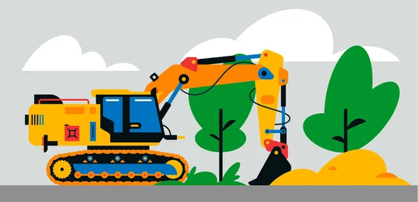 Construction machinery works at the site. Construction machinery, excavator on the background of a landscape of trees, sand. Vector illustration on background. — Stock Vector