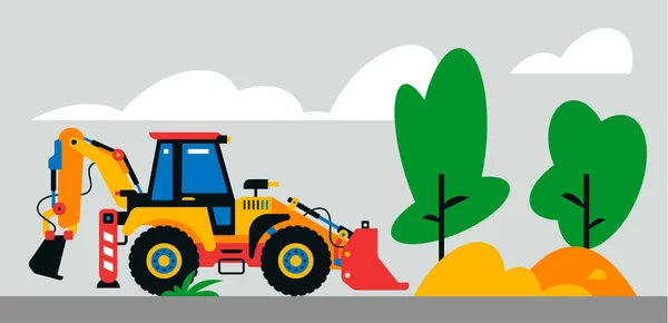 Lavori di macchine edili presso il sito. Macchine edili, trattore, escavatore, caricatore sullo sfondo di un paesaggio di alberi, sabbia. Illustrazione vettoriale sullo sfondo. — Vettoriale Stock