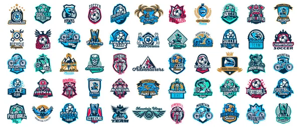 Enorme conjunto de logotipos esportivos coloridos, emblemas. Logotipos esportivos extremos e em equipe. Mountain bike, surf, bola de futebol, esquiador, águia, bombeiro, crânio. Ilustração vetorial isolada em fundo —  Vetores de Stock