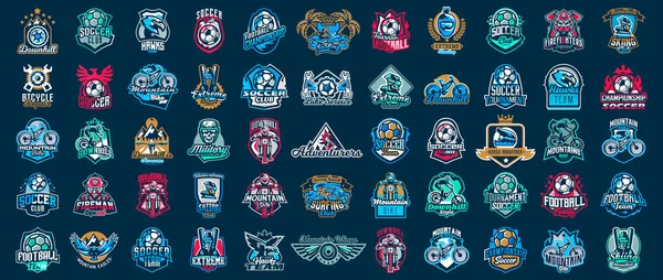 Riesige Menge von bunten Sport-Logos, Embleme. Logos von Extrem- und Mannschaftssportarten. Mountainbike, Surfen, Fußball, Skifahrer, Adler, Feuerwehrmann, Totenkopf. Vektor-Illustration isoliert auf Hintergrund — Stockvektor