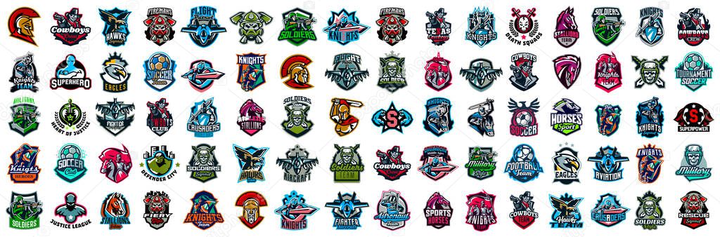 Huge set of colorful sports logos, emblems. Logos of knights, horses, soldier, skull, superhero, soccer ball, cowboy, firefighter, aircraftastronautswordsVector illustration isolated on background