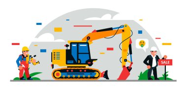 İnşaat malzemeleri ve inşaat işçileri. Satılık bina. Geometrik şekillerin ve bulutların renkli arkaplanı. İnşaatçılar, inşaat malzemeleri, servis personeli. Vektör illüstrasyonu