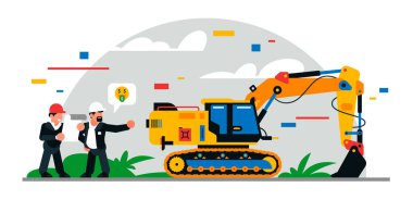 İnşaat malzemeleri ve inşaat işçileri. Geometrik şekillerin ve bulutların renkli arkaplanı. İnşaatçılar, inşaat malzemeleri, bakım personeli, kazıcı, ustabaşı. Vektör illüstrasyonu