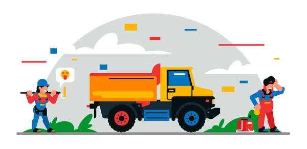 Matériel de construction et travailleurs sur le site. Fond coloré de formes géométriques et de nuages. Constructeurs, matériel de construction, personnel de service, camion, soudeur, peintre. Illustration vectorielle — Image vectorielle