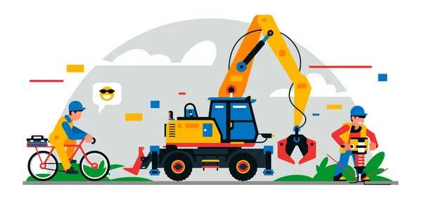 Bouwmachines en werknemers op de bouwplaats. Kleurrijke achtergrond van geometrische vormen en wolken. Bouwmachines, bouwmachines, onderhoudspersoneel, graafmachine, drilboor. Vectorillustratie — Stockvector