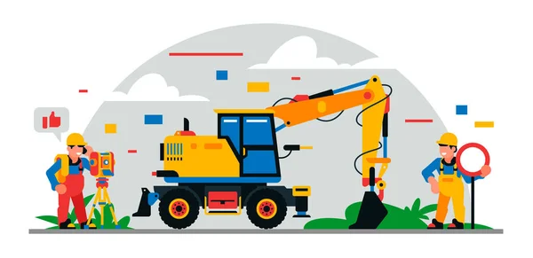 Matériel de construction et travailleurs sur le site. Fond coloré de formes géométriques et de nuages. Constructeurs, matériel de construction, personnel d'entretien, excavatrice, arpenteur. Illustration vectorielle — Image vectorielle