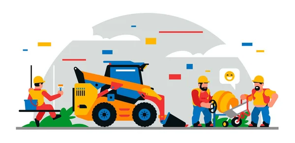 Bouwmachines en werknemers op de bouwplaats. Kleurrijke achtergrond van geometrische vormen en wolken. Bouwbedrijven, bouwmachines, servicemedewerkers, betonmixer, lader. Vectorillustratie — Stockvector