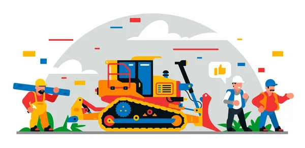 Construction equipment and workers at the site. Colorful background of geometric shapes and clouds. Builders, construction equipment, maintenance personnel, bulldozer, foreman. Vector illustration — Stock Vector