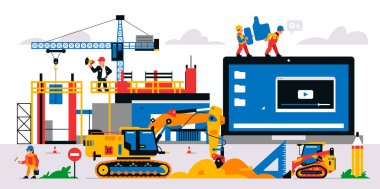 Web sitesi yapım aşamasında. Servis sayfası uyarısı yakında gelecek. Makineleri, inşaatçıları, aletleri, bitmemiş evi olan bir inşaat alanı. Arkaplanda izole vektör illüstrasyonu