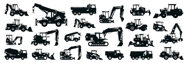 Gran conjunto blanco y negro de equipos de construcción. Recogida de equipos comerciales para trabajos de construcción. Excavadora, excavadora, tractor, cargadora, hormigonera, pavimentadora de asfalto. Ilustración vectorial — Vector de stock