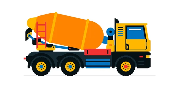 Bouwmachines, betonmixer. Bedrijfsvoertuigen voor werkzaamheden op de bouwplaats. Vector illustratie geïsoleerd op witte achtergrond. — Stockvector