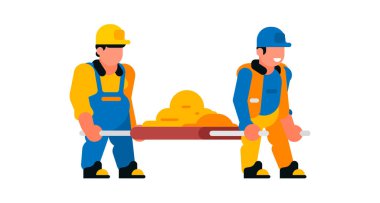 Sedyede kum taşıyan işçiler. İnşaatçılar ve kum. Vektör illüstrasyonu beyaz arkaplanda izole edildi.