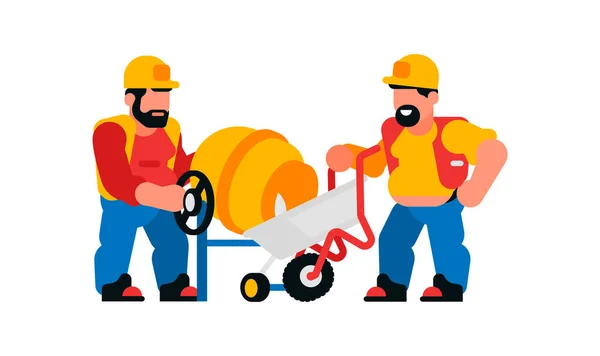 Trabajadores y hormigonera. Hombres constructores y mezclador de cemento vector ilustración aislada sobre fondo blanco — Vector de stock