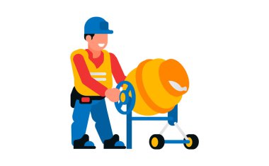 İşçi ve beton karıştırıcı. Mutlu erkek müteahhit ve beton karıştırıcı. Vektör illüstrasyonu beyaz arkaplanda izole edildi.