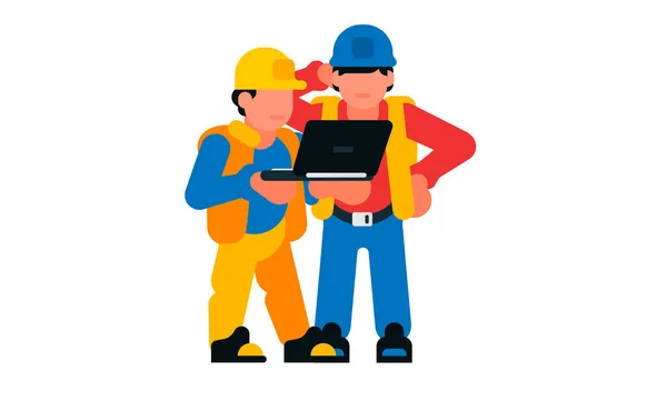 Mannen bouwvakkers en laptop, computer. Vector illustratie geïsoleerd op witte achtergrond. — Stockvector