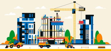 Şehir binaları arasında inşaat alanı. İnşaat ve servis ekipmanı altında bir bina. Ağır makineler, ticari araçlar, vinç, evler, binalar. Vektör illüstrasyonu