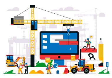 Web sitesi yapım aşamasında. Hata sayfası, bakım. İnşaat alanı, makine, vinç, işçiler, bilgisayar, web sitesi, kalem, takvim, aletler. İzole vektör illüstrasyonu