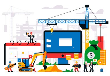 Web sitesi yapım aşamasında. Hata sayfası, bakım. İnşaat alanı, makineler, vinç, işçiler, bilgisayar, web sitesi, sikkeler, para çantası, takvim, aletler. İzole vektör illüstrasyonu
