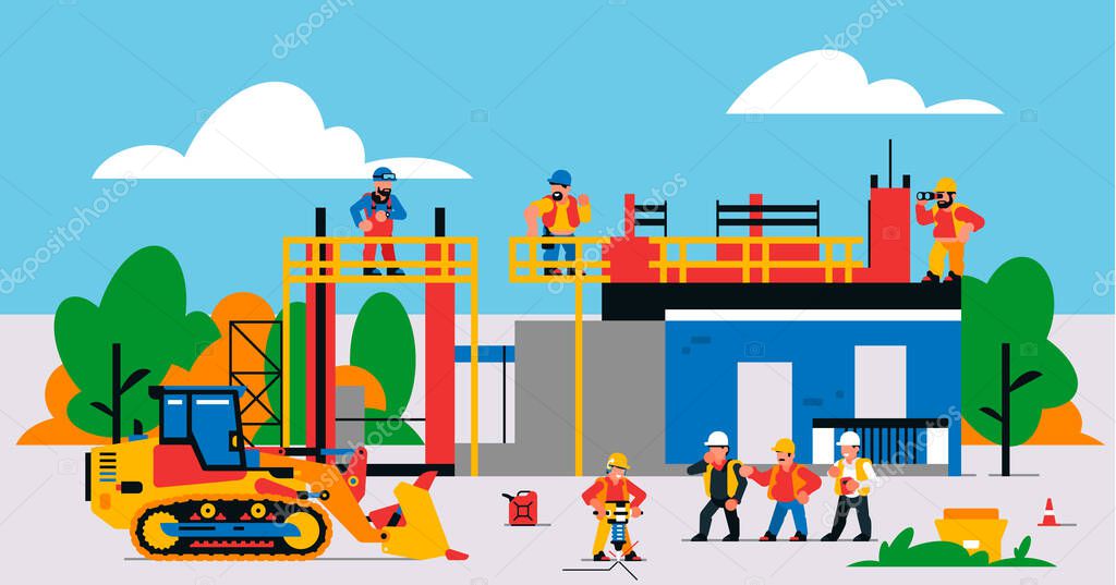 The house is under construction. Construction site with heavy machinery and workers. Builders, transport, building site, unfinished house, tools, people, sand, bulldozer. Vector illustration