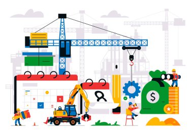 Web sitesi yapım aşamasında. Hata sayfası, bakım. İnşaat alanı, makineler, vinç, işçiler, web sitesi, bozuk paralar, para çantası, takvim, aletler. İzole vektör illüstrasyonu