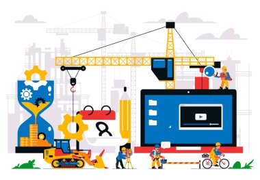 Web sitesi yapım aşamasında. Hata sayfası, bakım. İnşaat alanı, makine, vinç, işçiler, bilgisayar, web sitesi, takvim, kum saati, dişliler, aletler. İzole vektör illüstrasyonu