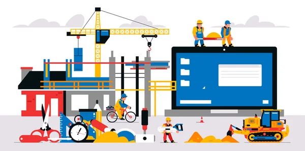 Desenvolvimento de sites em um canteiro de obras. Ilustração vetorial com elementos de equipamentos de construção e pessoal de serviço. Construtores liderando o desenvolvimento do site e sua manutenção. — Vetor de Stock