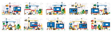 Bir dizi vektör çizimi, yapım aşamasındaki web sitesi. Hata sayfası, sayfa bakımı. İnternet sitesi, ekipman, alet edevat, vinç, işçiler, bilgisayar, para, takvim. Vektör illüstrasyonu