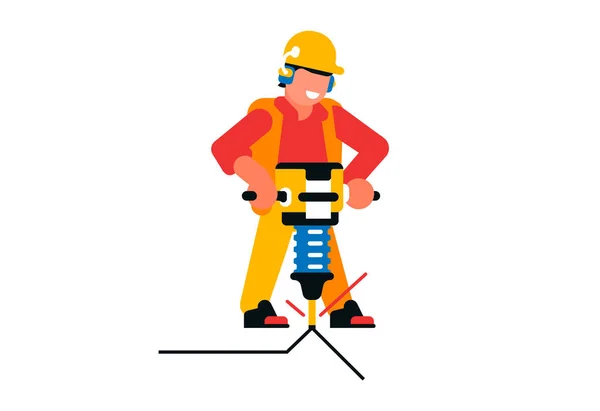 착암기를 가지고 일하는 노동자. 남자 건축가와 전기 착암기, 동력 기구, 도로 작동, 수리. 흰 배경에서 분리 된 벡터 그림. — 스톡 벡터
