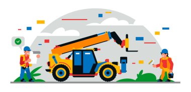 İnşaat malzemeleri ve inşaat işçileri. Geometrik şekillerin ve bulutların renkli arkaplanı. İnşaatçılar, inşaat malzemeleri, servis personeli, tele denetçi, ressam. Vektör illüstrasyonu