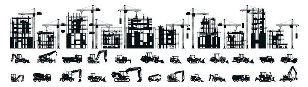 Um grande conjunto de edifícios em construção e equipamentos de construção. Coleção em preto e branco de veículos comerciais, edifícios inacabados. Ilustração vetorial isolada sobre fundo branco. — Vetor de Stock