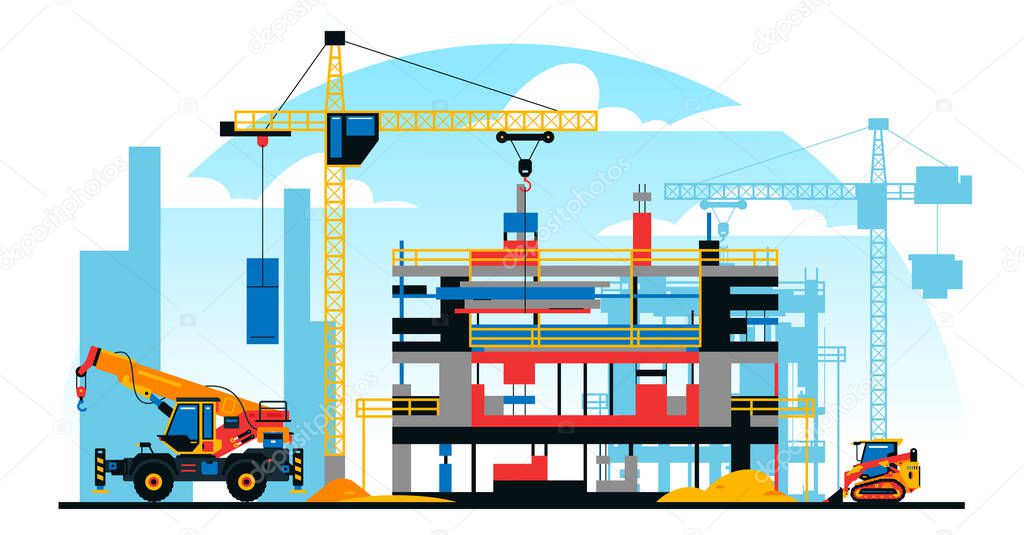 A building under construction against the background of a city under construction. A site with heavy commercial vehicles. Crane, sand. Vector illustration