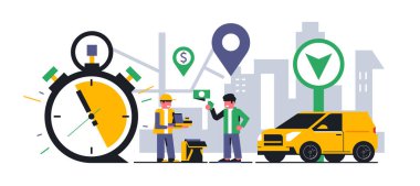 Evinize çevrimiçi yemek servisi. Kurye siparişi başarıyla tamamlar ve parayı alır. Yemek, zaman, saat, para, araba, sokak, şehir, harita, GPS. Vektör illüstrasyonu