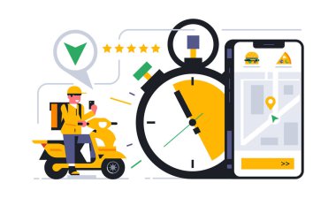 Evinize çevrimiçi yemek servisi. Kurye mobil uygulama aracılığıyla yemek siparişini zamanında tamamladı ve beş yıldızlı bir inceleme aldı. Moto, zaman, harita. Vektör illüstrasyonu