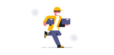 Tıbbi maske takan bir kurye paketi sipariş adresine teslim eder. Kutu, teslimatçı, güvenli teslimat servisi, koronavirüs, virüs. Vektör illüstrasyonu