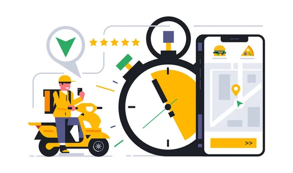 Service de livraison de nourriture en ligne à votre domicile. Le service de messagerie a rempli la commande de livraison de nourriture au moyen de l'application mobile à temps et a reçu un examen cinq étoiles. Moto, temps, carte. Illustration vectorielle — Image vectorielle