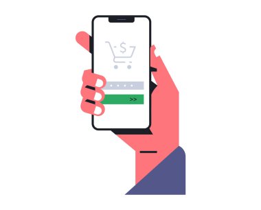Telefonu tutan el. Bir cep telefonu uygulaması üzerinden parola girmek için bir menü, bir banka mobil uygulaması üzerinden para transferi için bir parola. Vektör illüstrasyonu