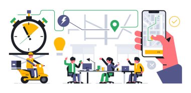 Evinize çevrimiçi yemek servisi. Ofis çalışanları yemek siparişi verdi. Siparişinizi mobil bir uygulama üzerinden takip ediyorum. Telefon, uygulama, el, harita, sokak, scooter. Vektör illüstrasyonu